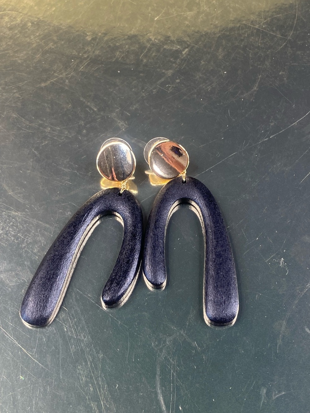 Modern Black Arch Drop Earrings with Gold Discs